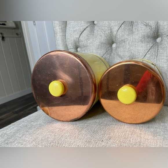 Vintage 2 Yellow Round Metal canisters With Chrome Lids Retro Farmhouse - Picture 2 of 5